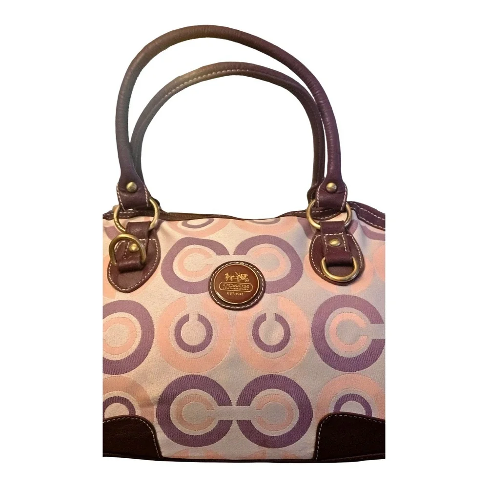 Coach Optic Signature Satchel Handbag Purple Pink Jacquard Leather Trim